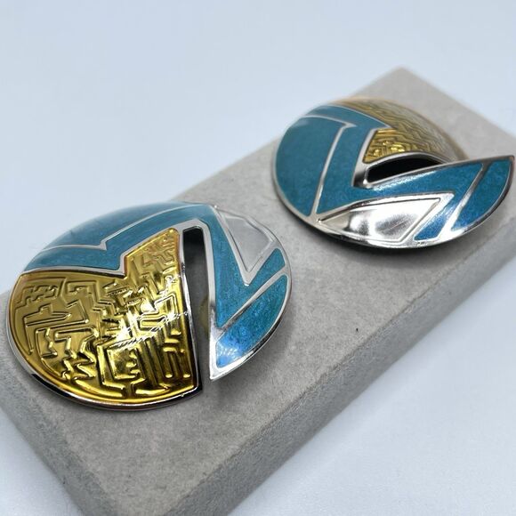 Unique Vintage Edgar Berebi Enamel Silver Tone Statement Stud Earrings Pierced - Picture 3 of 7